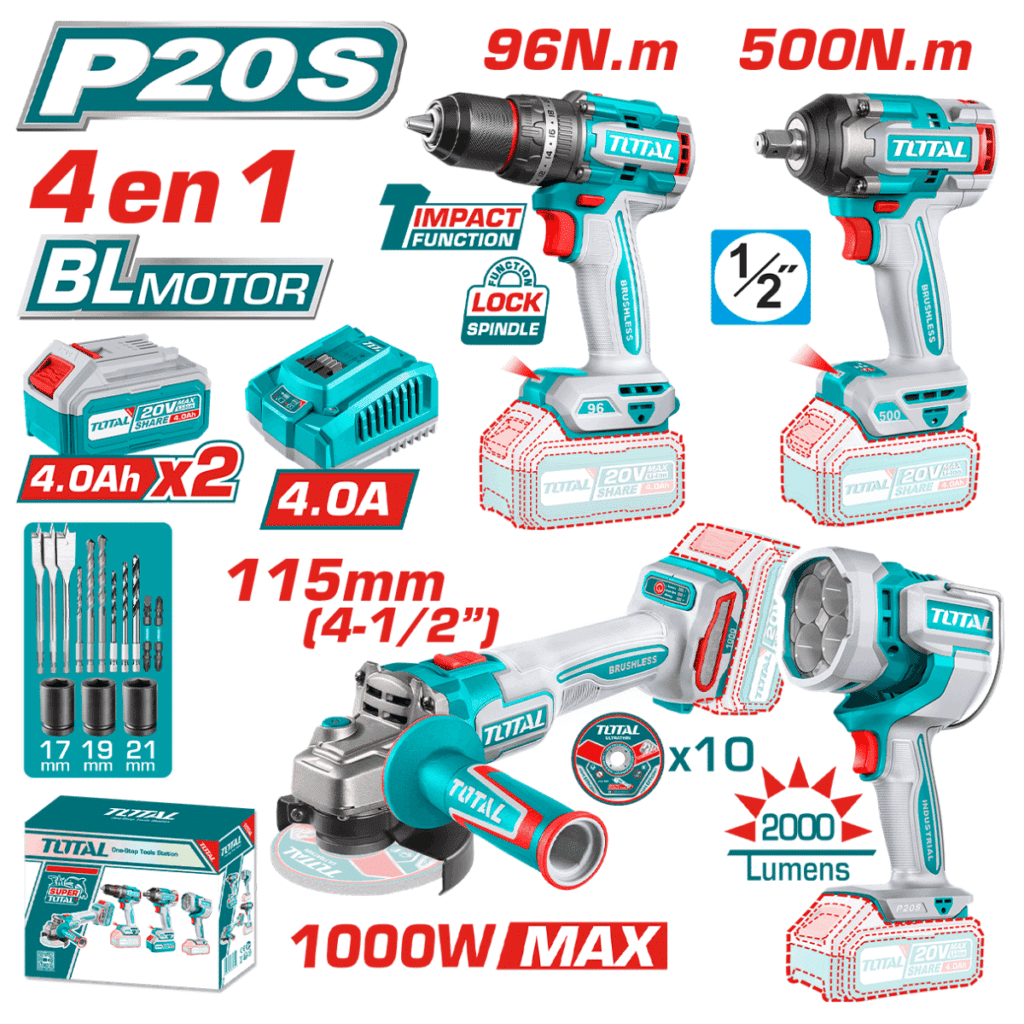 COMBO 4 EN 1. TALADRO 96NM + LLAVE DE IMPACTO500NM + AMOLADORA + LINTERNA + 2X4.0AH IND TOTAL – TOSLI241292