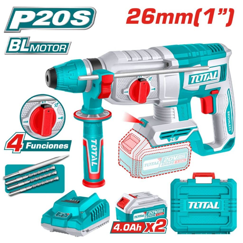 ROTOMARTILLO SDS+ 26MM 20V 2.5J 0-5000BPM BRUSHLESS 2X4.0AH 4FUNC INDUSTRIAL TOTAL- TRHLI202682
