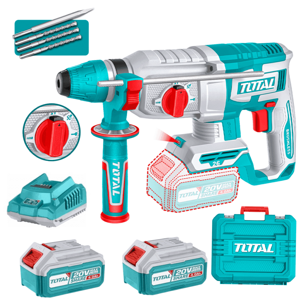 ROTOMARTILLO SDS+ 26MM 20V 2.5J 0-5000BPM BRUSHLESS 2X4.0AH 4FUNC INDUSTRIAL TOTAL- TRHLI202682