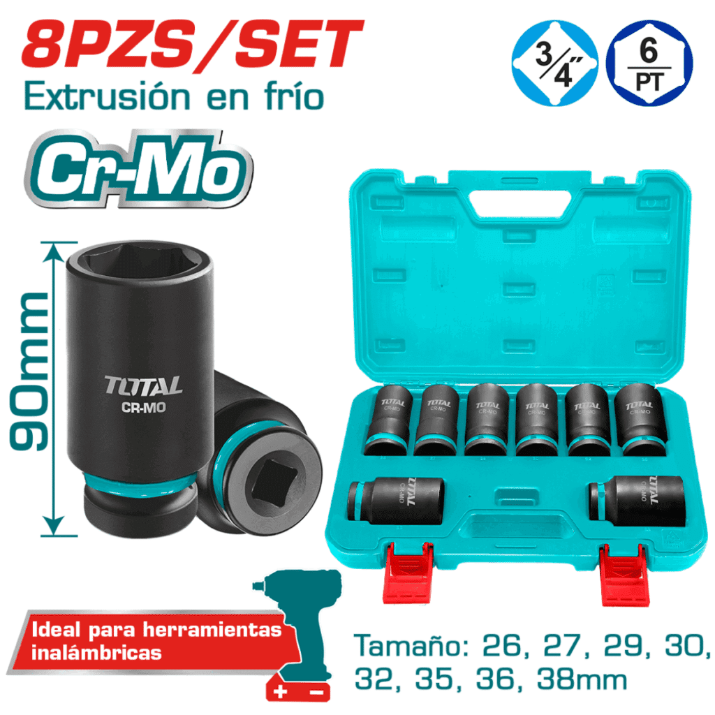 SET DADOS IMPACTO LARGO 3/4 PULG 8PCS 26-38MM CR-MO MALETIN INDUSTRIAL – THKISD34082L