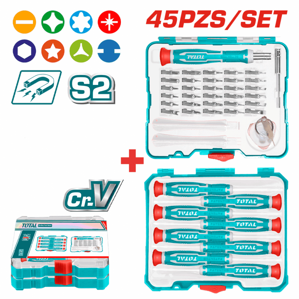 SET DESTORNILLADORES DE PRECISIÓN + PUNTAS 45PCS/SET S2 MAGNETICOS + – TACSD30456