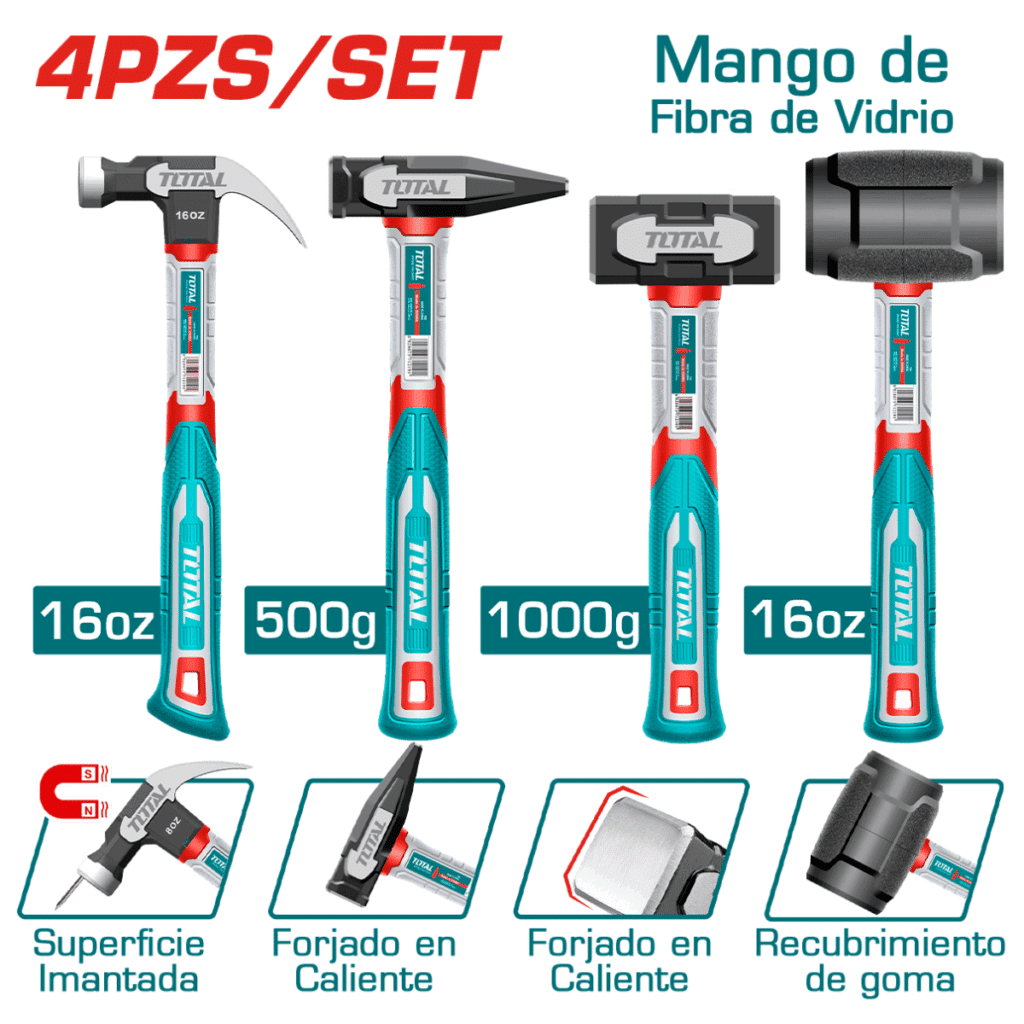 COMBO MARTILLOS C/MANGO FIBRA VIDRIO: UÑA 16OZ + MECANICO 500G + ALBAÑIL – THCH6004