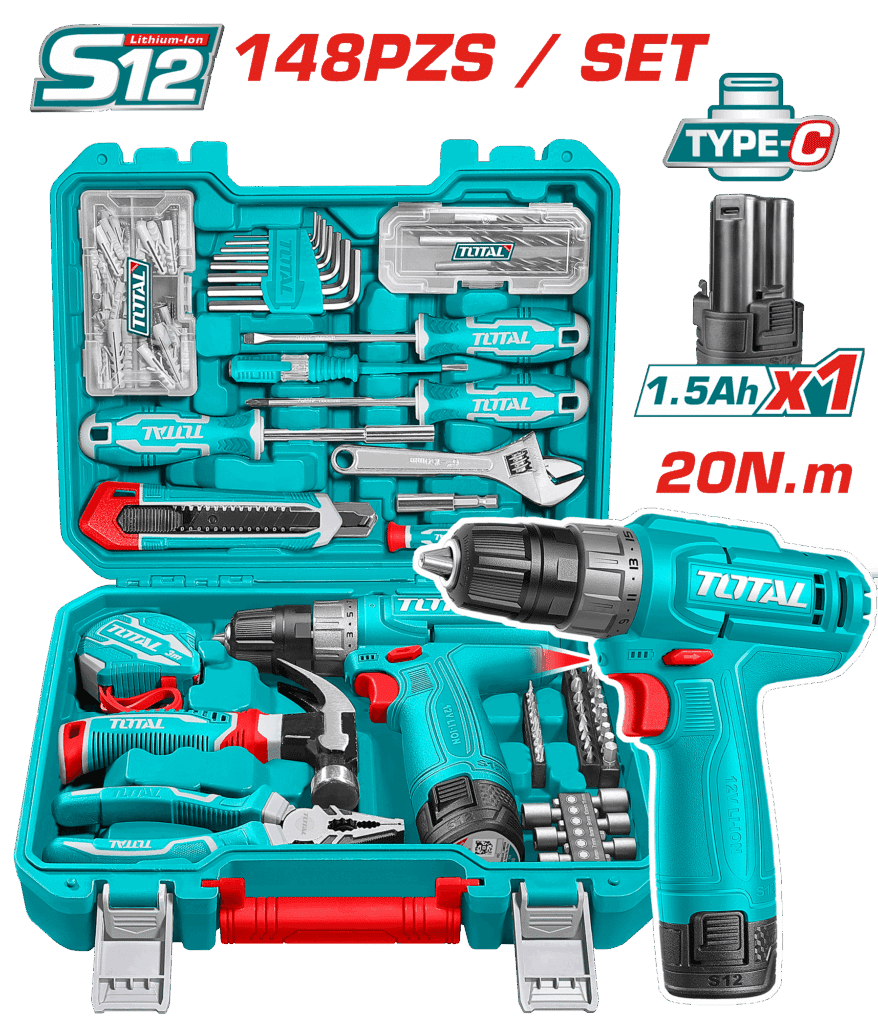 SET TALADRO 12V 20NM 1X1.5AH + HERRAMIENTAS (148 PIEZAS) + MALETIN – THKTHP41487