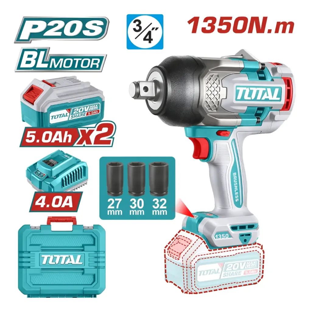 LLAVE DE IMPACTO 1350NM 3/4” BRUSHLESS 20V 2200BPM BRUSHLESS 2X5.0AH MALETIN+ACC INDUSTRIAL TOTAL –  TIWLI20135