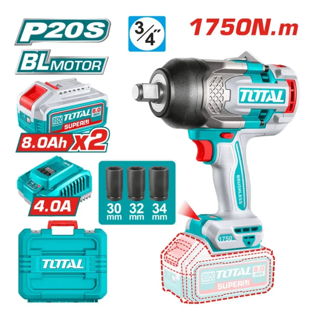 LLAVE  DE IMPACTO  1750NM 3/4″ BRUSHLESS 20V 2200BPM 2X8.0AH MALETIN INDUSTRIAL TOTAL – TIWLI20175