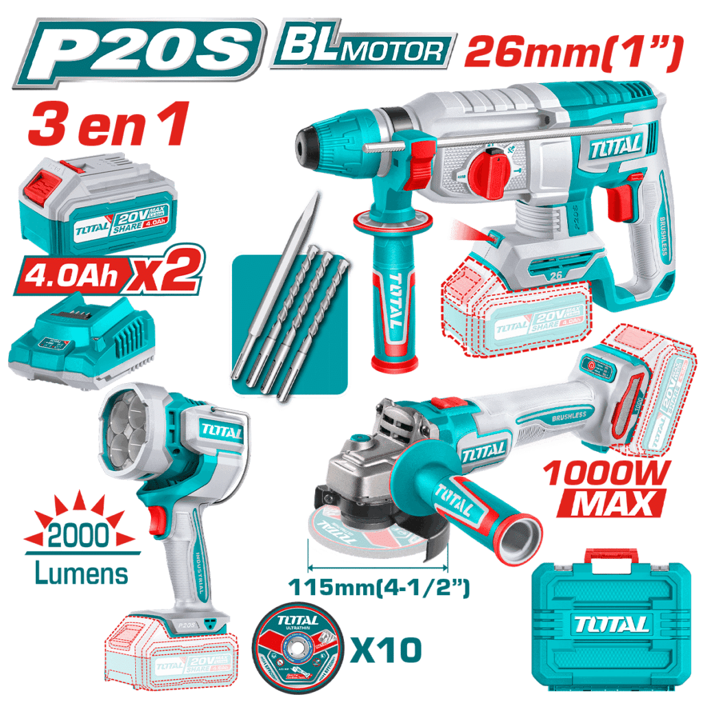 COMBO 3 EN 1 ROTOMARTILLO 26MM + AMOLADORA 1000W + LINTERNA 2X4.0AH – TOSLI250183