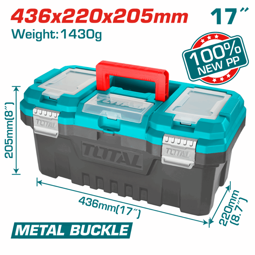 CAJA HERRAMIENTAS 17″ NEW PP 436X220X205MM 15KG HEBILLA METALICA – TPBX0172