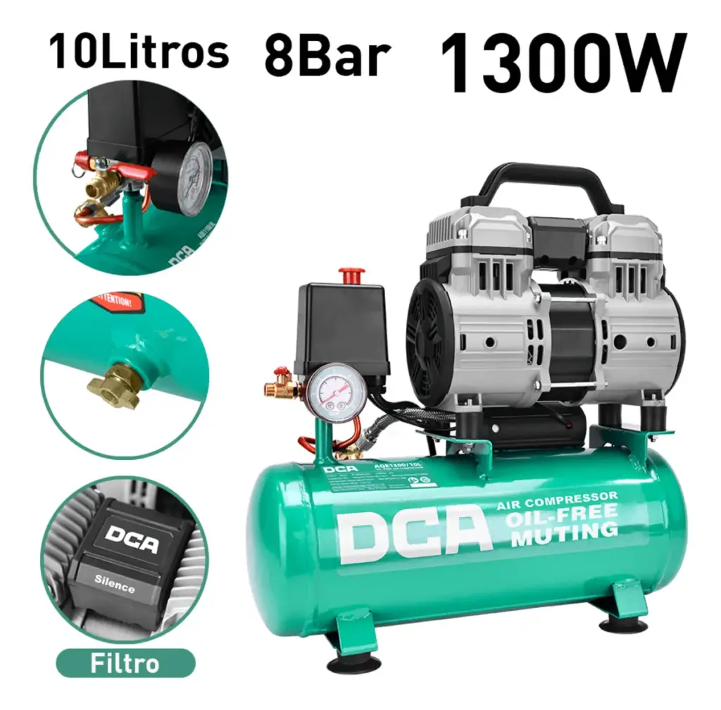 COMPRESORA 10 LITROS OIL-FREE 1200W 2850/MIN 8BAR 78L/MIN DCA – AQE1300/10L
