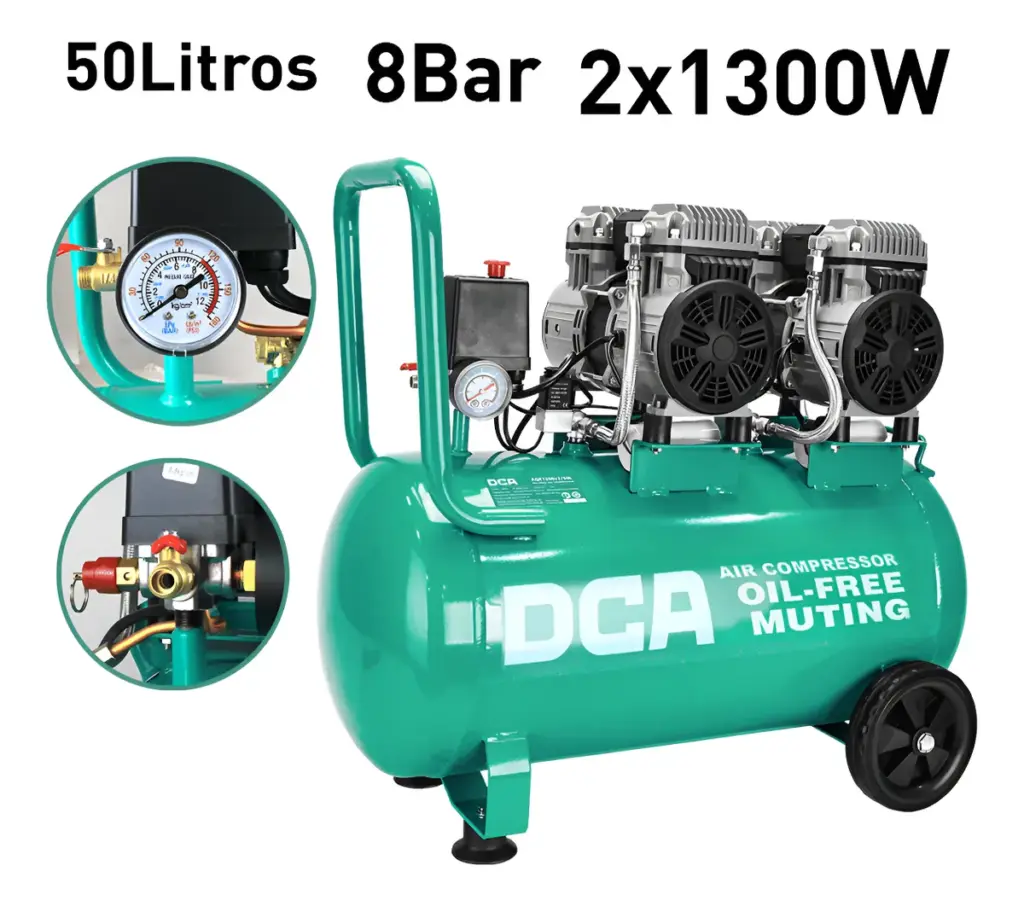 COMPRESORA 50 LITROS OIL-FREE 1300W 2850/MIN 8BAR 156L/MIN DCA – AQE1300×2/50L