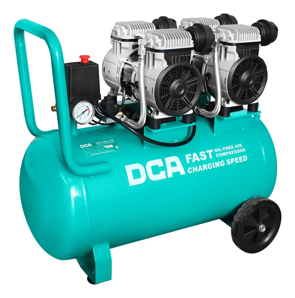 COMPRESORA SILENCIOSA 50 LITROS  LIBRE DE ACEITE 100W 2850/MIN 8BAR 140L/MIN – AQE1100×2/50L