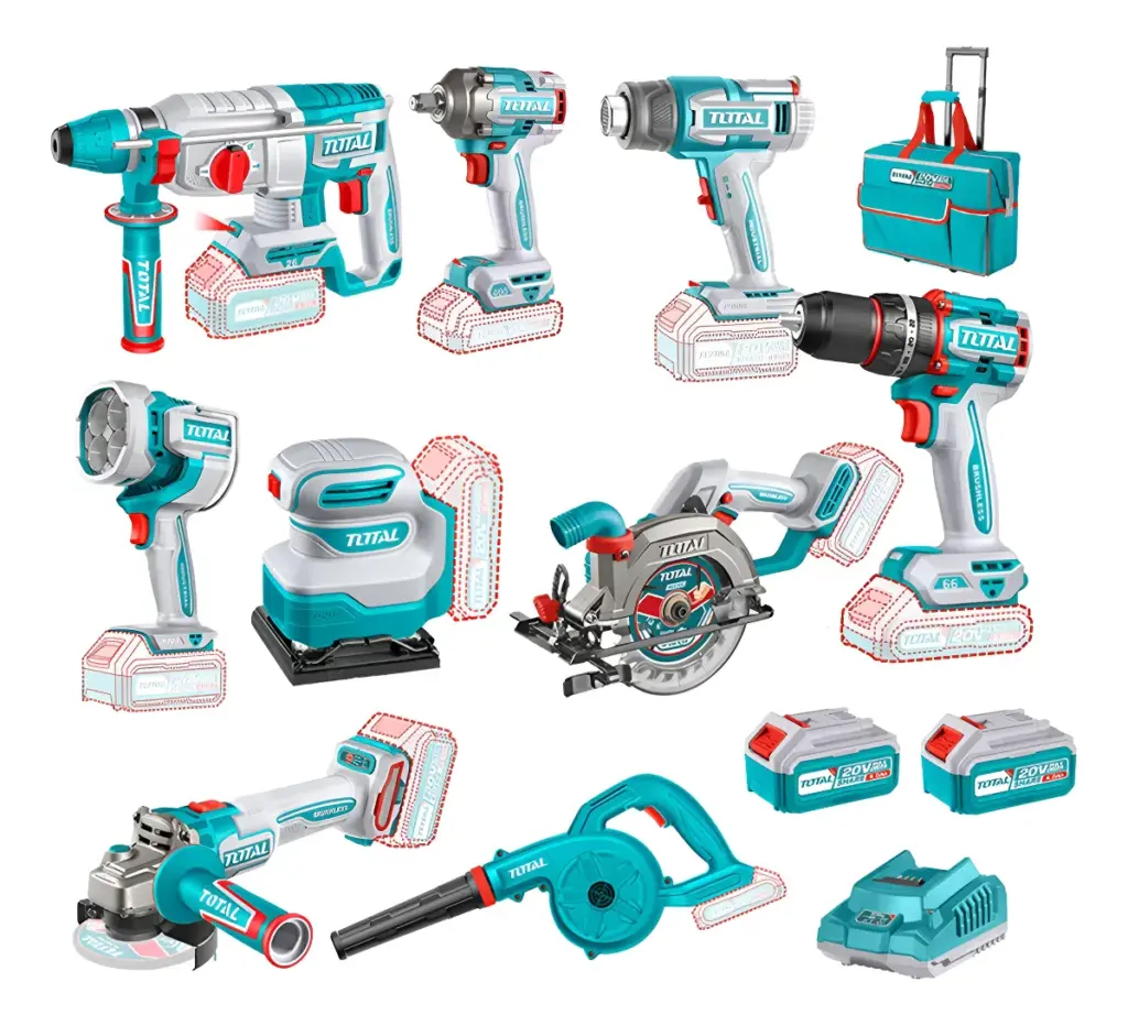 COMBO 9 EN 1 TALADRO + LLAVE DE IMPACTO + ROTOMARTILLO + AMOLADORA + LINTERNA + LIJADORA + PISTOLA DE CALOR + SOPLADORA + SIERRA  BATERIA  CARGADOR MALETIN Y ACCEDSORIOS TOTAL – TOSLI250381