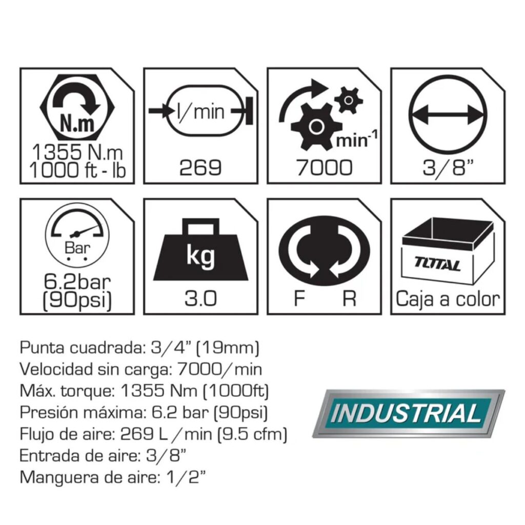 LLAVE DE IMPACTO NEUMATICA 1355NM 3/4″ 7000RPM 9CFM 90PSI INDUSTRIAL TOTAL – TAT40341