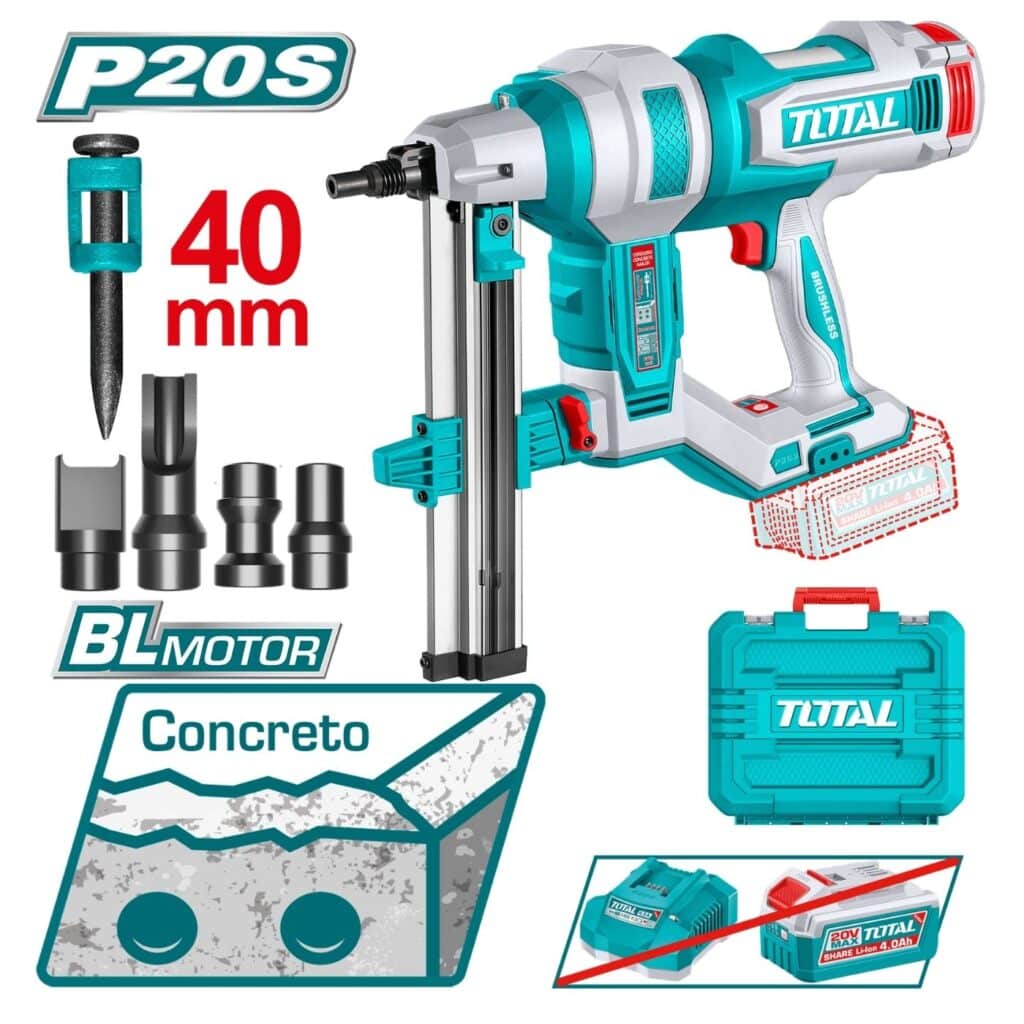 CLAVADORA CONCRETO 20V BLMOTOR  R:15-40MM +1000 CLAVOS +ACC MALETIN TOTAL- TCNLI9005