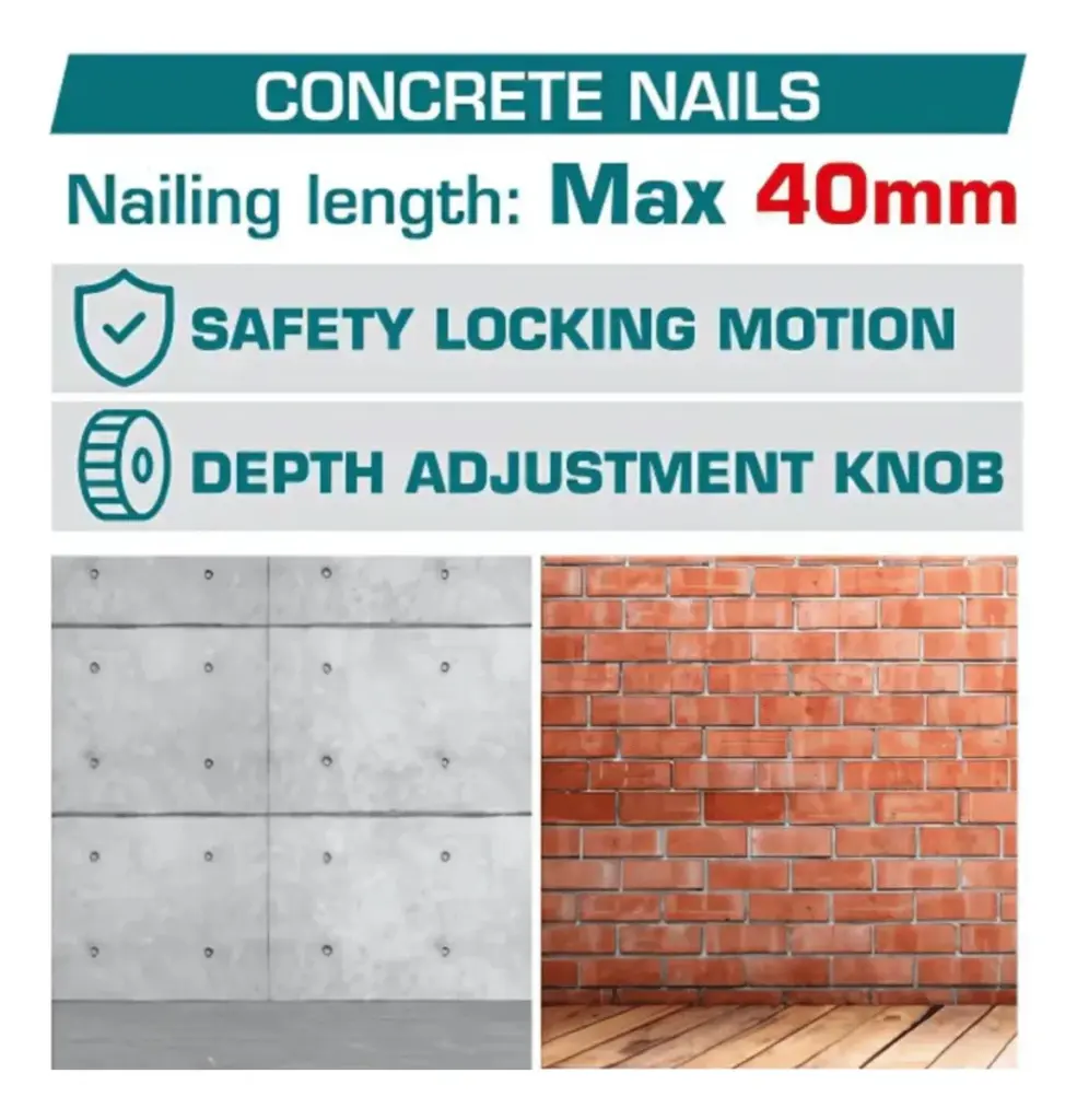 CLAVADORA CONCRETO 20V BLMOTOR  R:15-40MM +1000 CLAVOS +ACC MALETIN IN – TCNLI9005