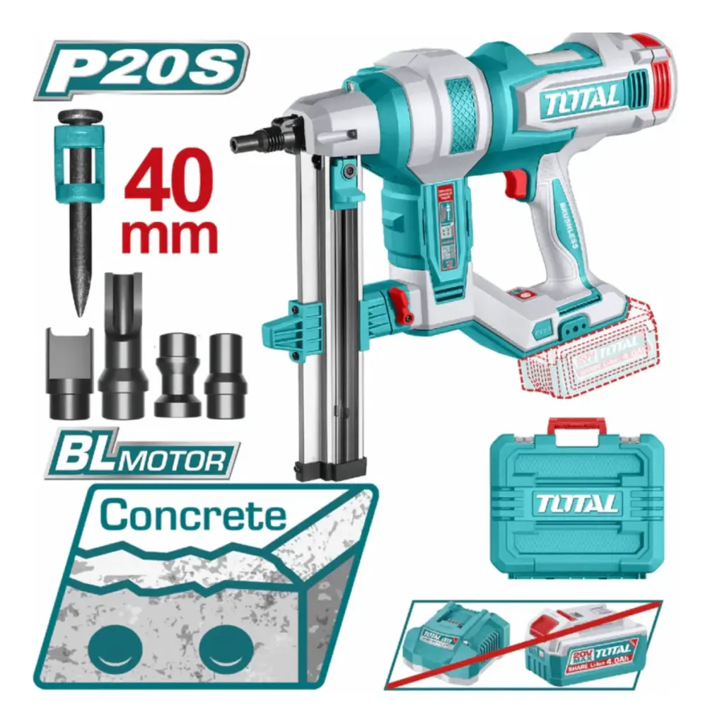 CLAVADORA CONCRETO 20V BLMOTOR  R:15-40MM +1000 CLAVOS +ACC MALETIN IN – TCNLI9005