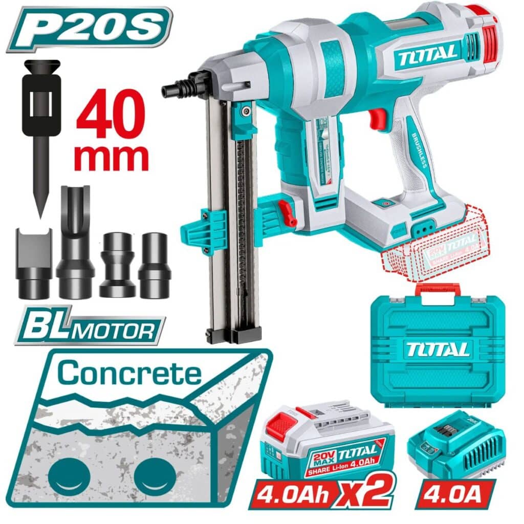 CLAVADORA CONCRETO 20V BLMOTOR  R:19-40MM +1000 CLAVOS 2X4.0AH +ACC MA – TCNLI9008