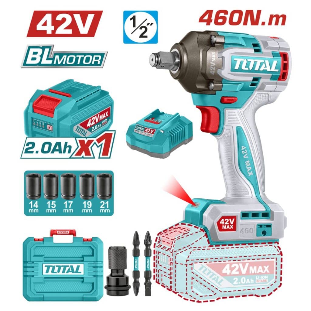 LLAVE DE IMPACTO 460NM 1/2″ BRUSHLESS 42V 2900BPM BRUSHLESS 1X2.0AH +ACCESORIOS TOTAL – TIWLI42461