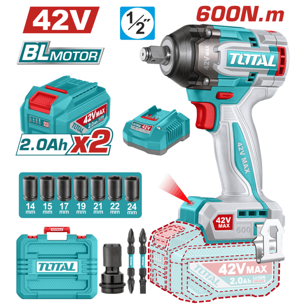 LLAVE DE  IMPACTO  42V 600NM 1/2″ 2900BPM BRUSHLESS 2X2.0AH +ACCESORIOS TOTAL – TIWLI42602