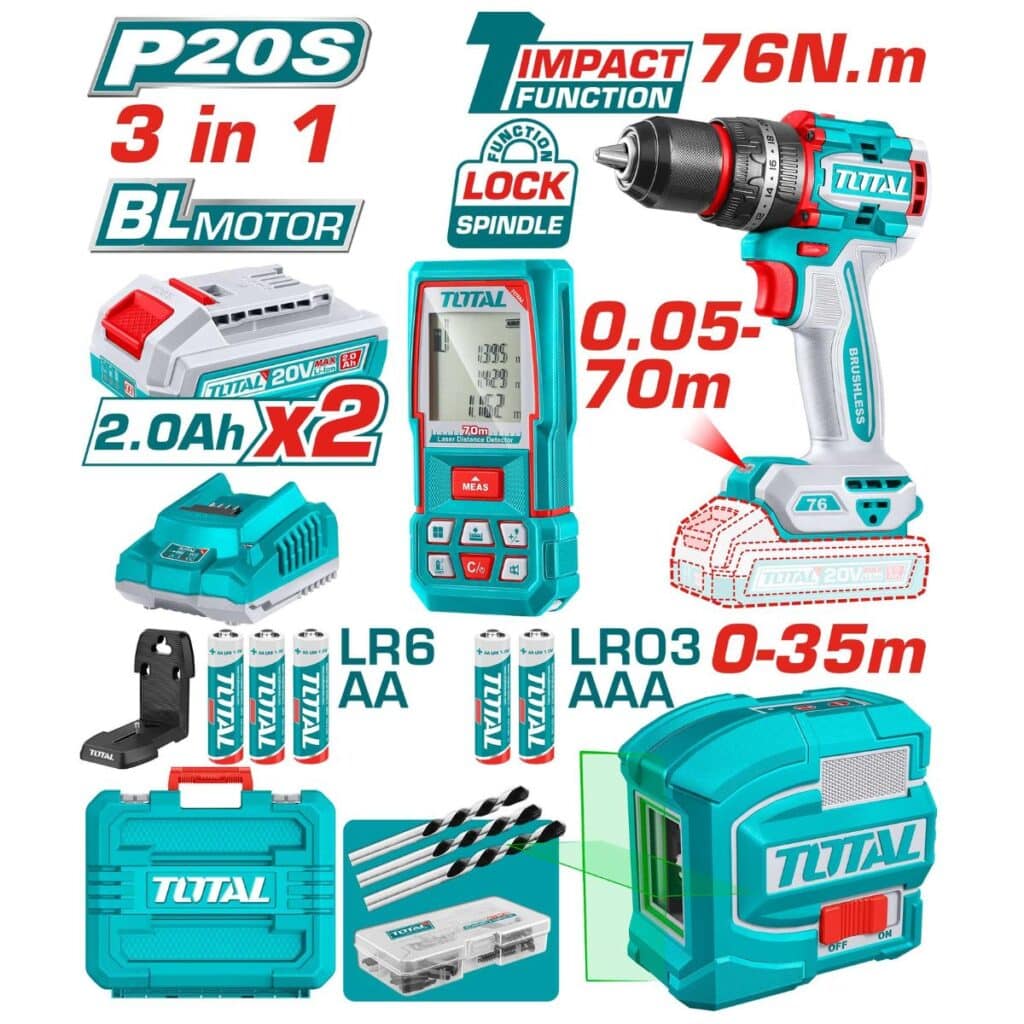 COMBO 3 EN 1 TALADRO IMPACTO 76NM + NIVEL LASER + MEDIDOR DISTANCIA – TOSLI250511