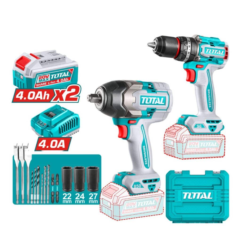 COMBO 2 EN 1 TALADRO  DE IMPACTO 96NM + LLAVE DE IMPACTO 850NM 2X4.0AH + ACESORIOS TOTAL – TOSLI250586