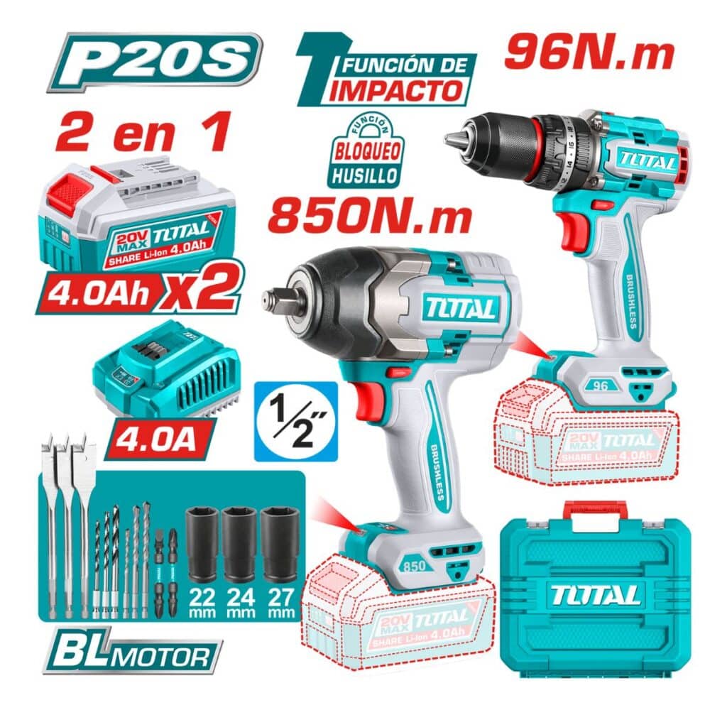 COMBO 2 EN 1 TALADRO  DE IMPACTO 96NM + LLAVE DE IMPACTO 850NM 2X4.0AH + ACESORIOS TOTAL – TOSLI250586