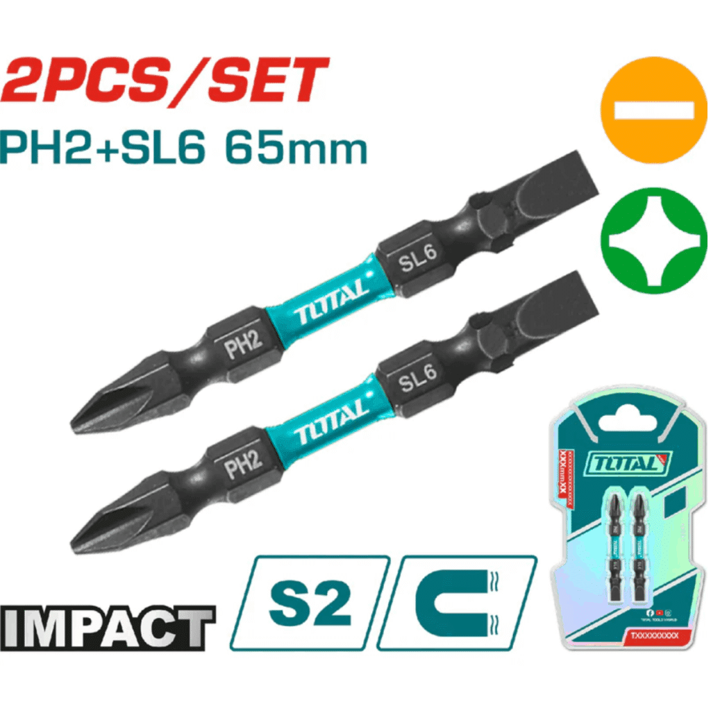 SET DE PUNTAS IMPACTO 65MM PH2+SL6 S2 MAGNETICO 2PCS DOBLE LADO IND – TACIM72HL665