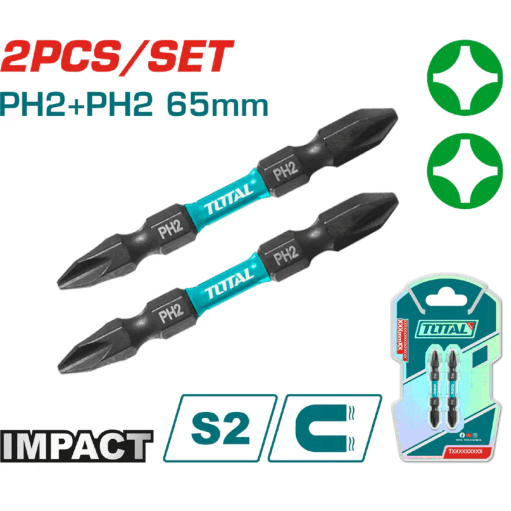 SET DE PUNTAS IMPACTO 65MM PH2+PH2 S2 MAGNETICO 2PCS DOBLE LADO IND – TACIM72PH265