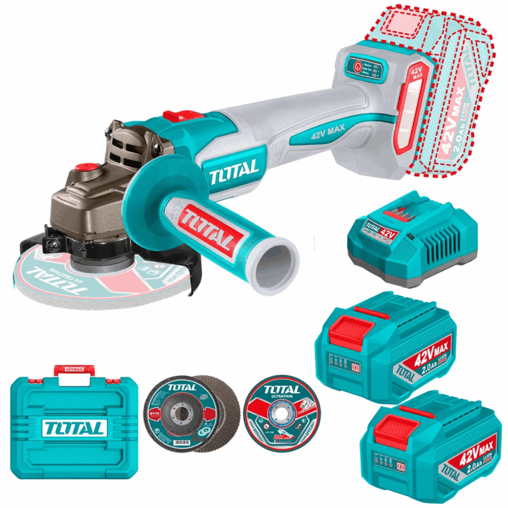 AMOLADORA 42V BLMOTOR 3000-9000RPM 115MM M14 1080WMAX 2X2.0AH +ACCESORIOS TOTAL – TAGLI4108112