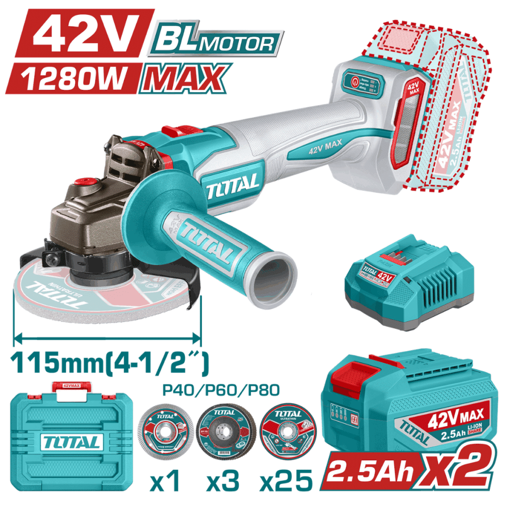 AMOLADORA 42V BLMOTOR 3000/6500/10000RPM 115MM M14 1280WMAX 2X2.5AH – TAGLI4128112