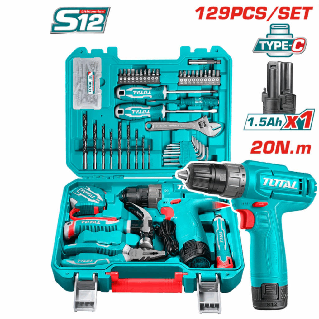 KIT TALADRO 12V TIPO-C 20NM 1X1.5AH + HERRAMIENTAS MALETIN (129PCS) – THKTHP11292