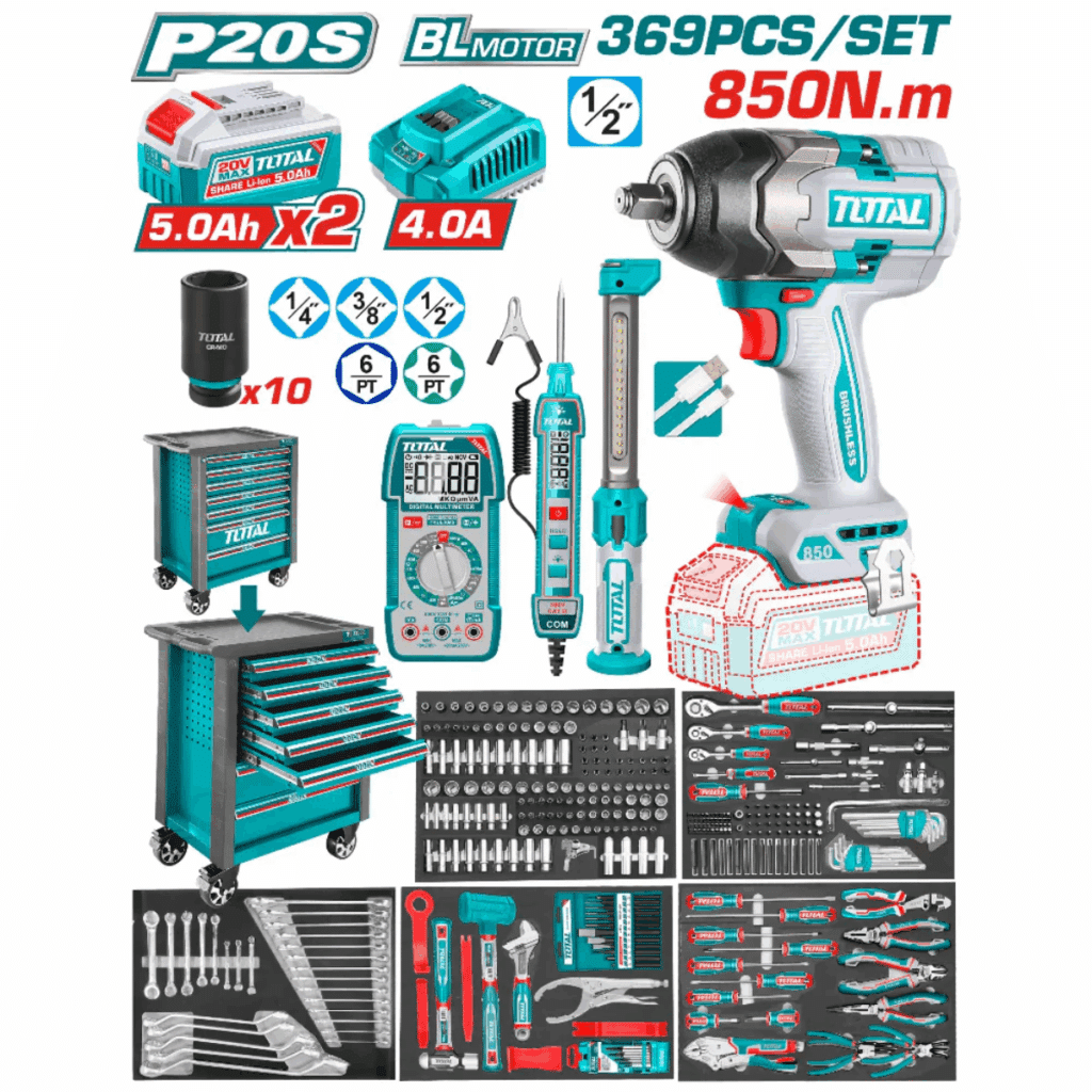 SET GABINETE 7 CAJONES + HERRAMIENTAS + LLAVE IMPACTO 20V 850NM 369P TOTAL – THPTCS83692