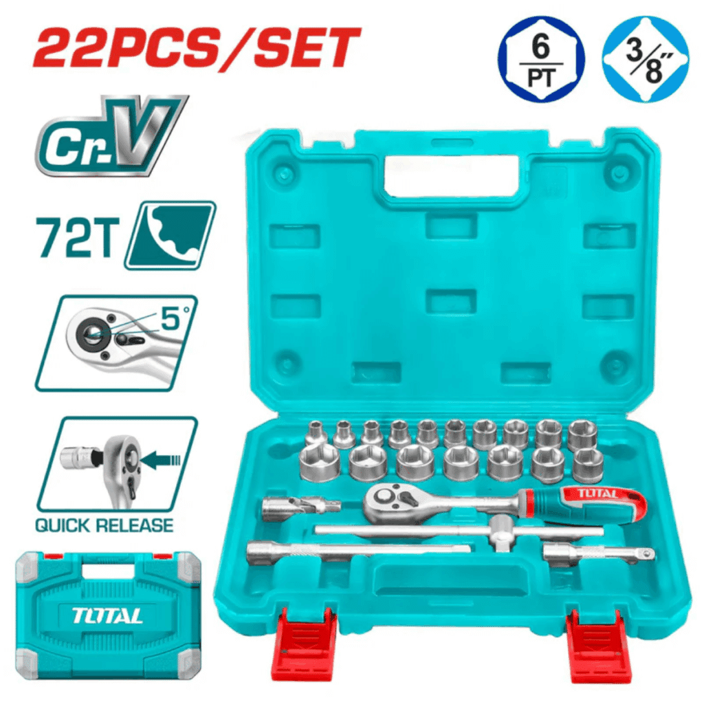 SET RACHET  22PIEZAS  3/8 + SOCKET 50BV30+ MALETIN INDUSTRIAL – THT381221