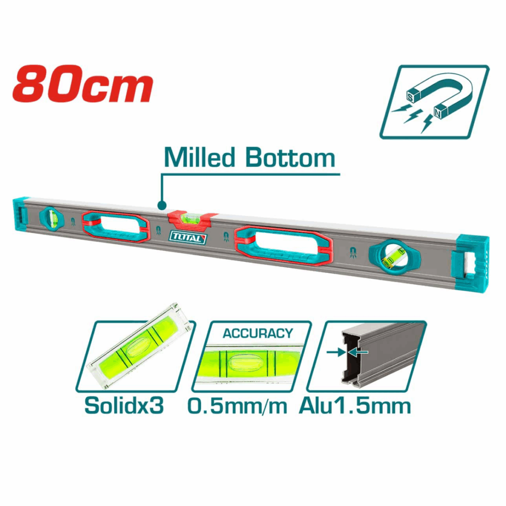 NIVEL BURBUJA 80CM B:3 ALUMINIO 1.5MM PRES:0.5MM SUPER MAGNETICO TOTAL- TMT28028M
