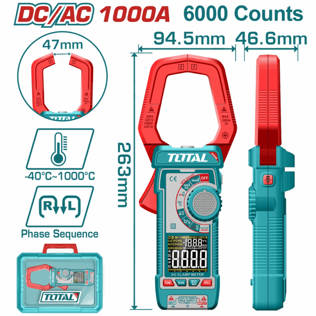 PINZA AMPERIMETRICA DC/AC 1200A 6000 CONTEOS A:47MM MALETIN INDUSTRIA TOTAL- TMT7610002