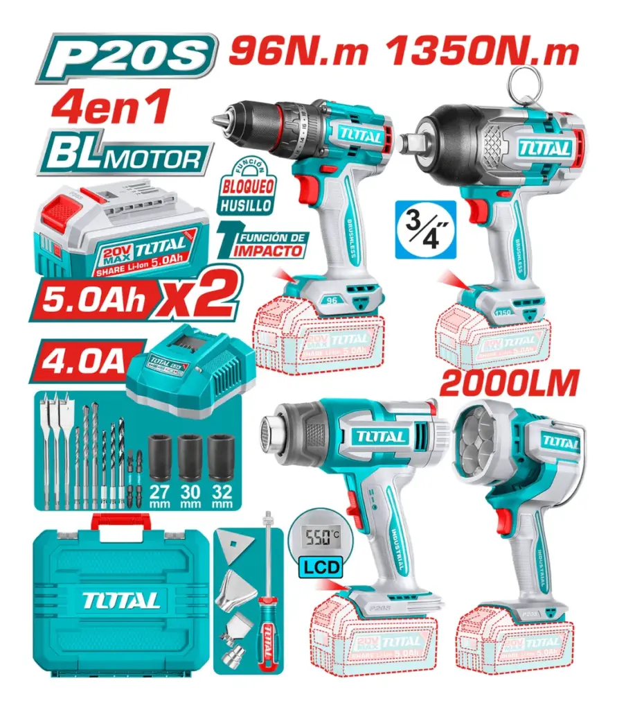 COMBO 4 EN 1 TALADRO PER. 96NM + LLAVE IMP. 1350NM + P.CALOR LCD + L – TOSLI250608