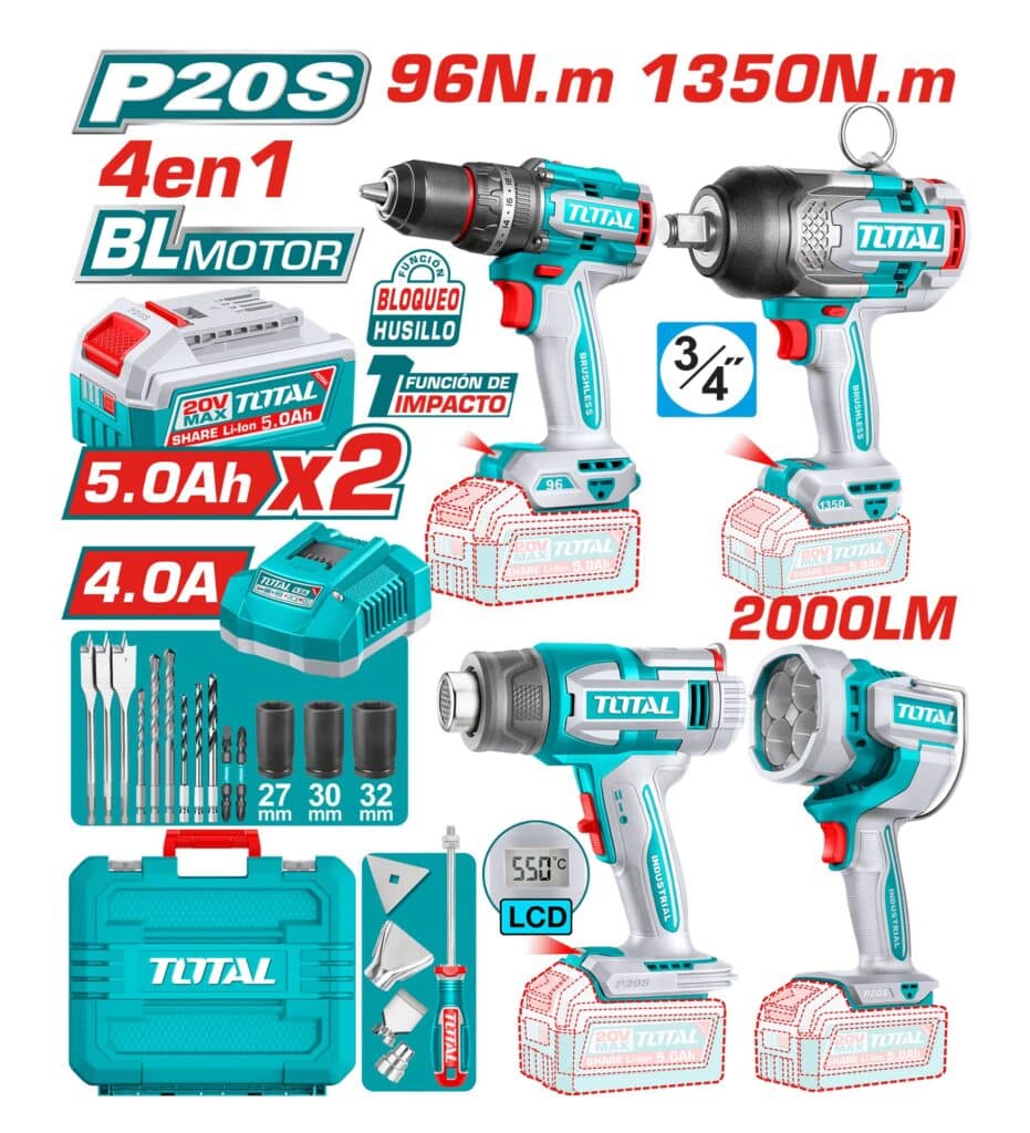 COMBO 4 EN 1 TALADRO PER. 96NM + LLAVE IMP. 1350NM + P.CALOR LCD + L – TOSLI250608