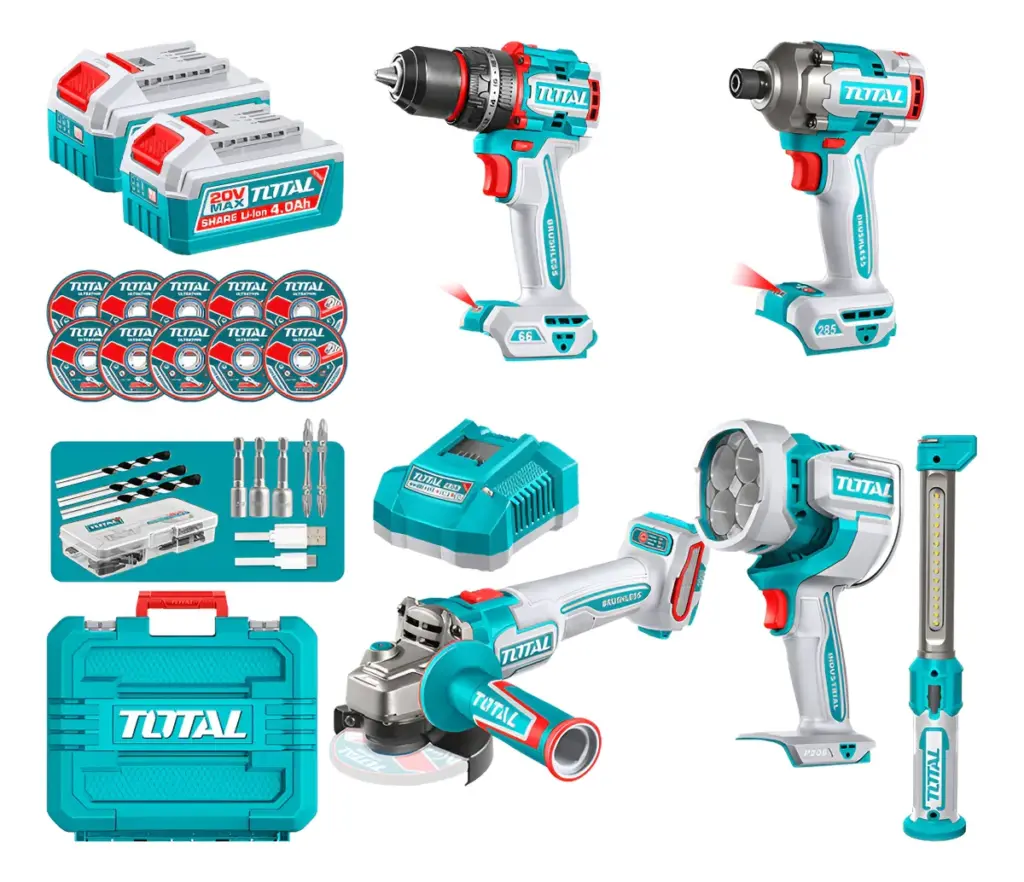 COMBO 5 EN 1 TALADRO PERCUTOR 66NM + DESTORNILLADOR DE IMPACTO 285NM + AMOLADORA 1000W + LINTERNA TOTAL – TOSLI250692