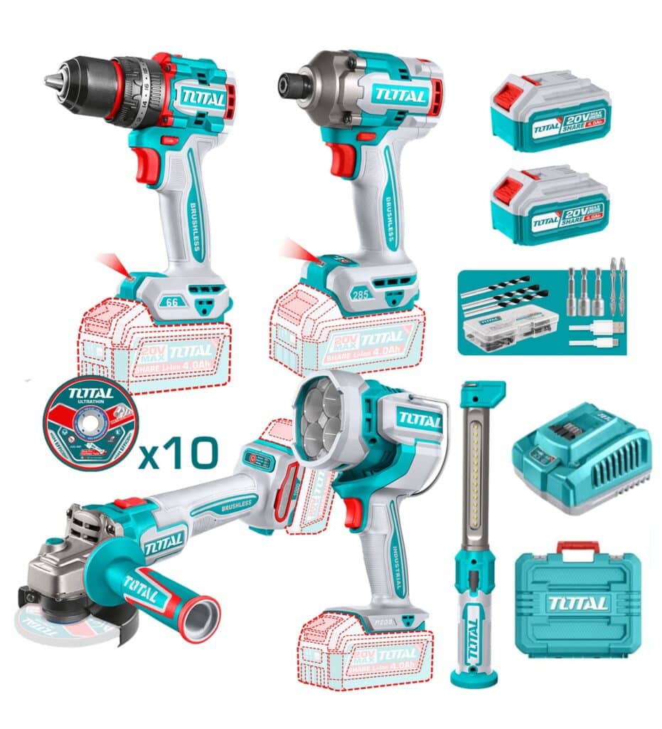 COMBO 5 EN 1 TALADRO PERCUTOR 66NM + DESTORNILLADOR DE IMPACTO 285NM + AMOLADORA 1000W + LINTERNA TOTAL – TOSLI250692