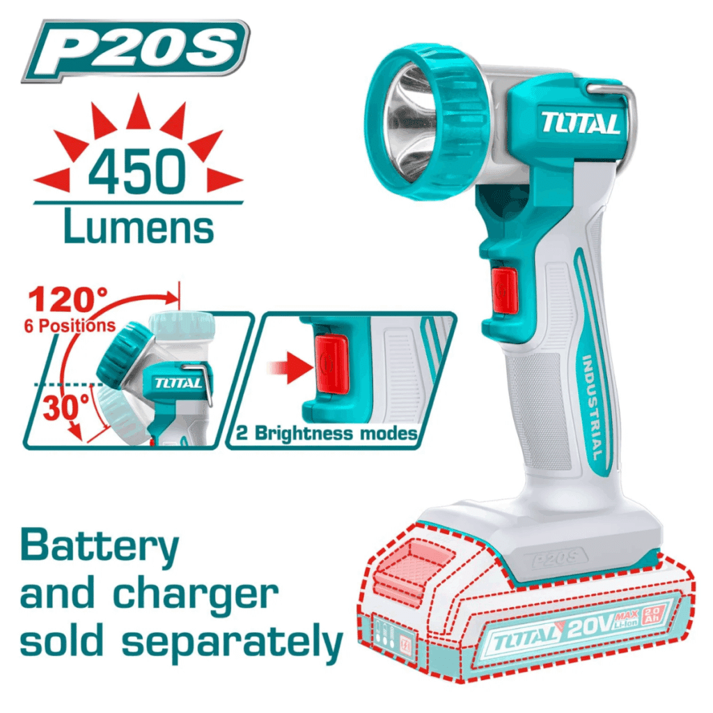 LINTERNA DE TRABAJO 20V LED:8W P20S 450LUM GIRO 120º INDUSTRIAL TOTAL – TWLI2058