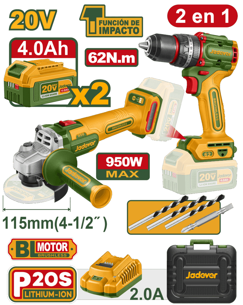 COMBO TALADRO +AMOLADORA 20V 2X4.0AH MALETIN – JDCK20273