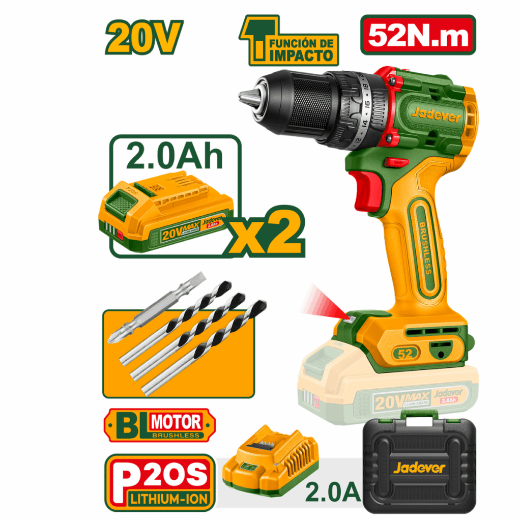 TALADRO COMPACTO 20V 52NM 13MM 22+1+1 2X2.0AH – JDCDP5281