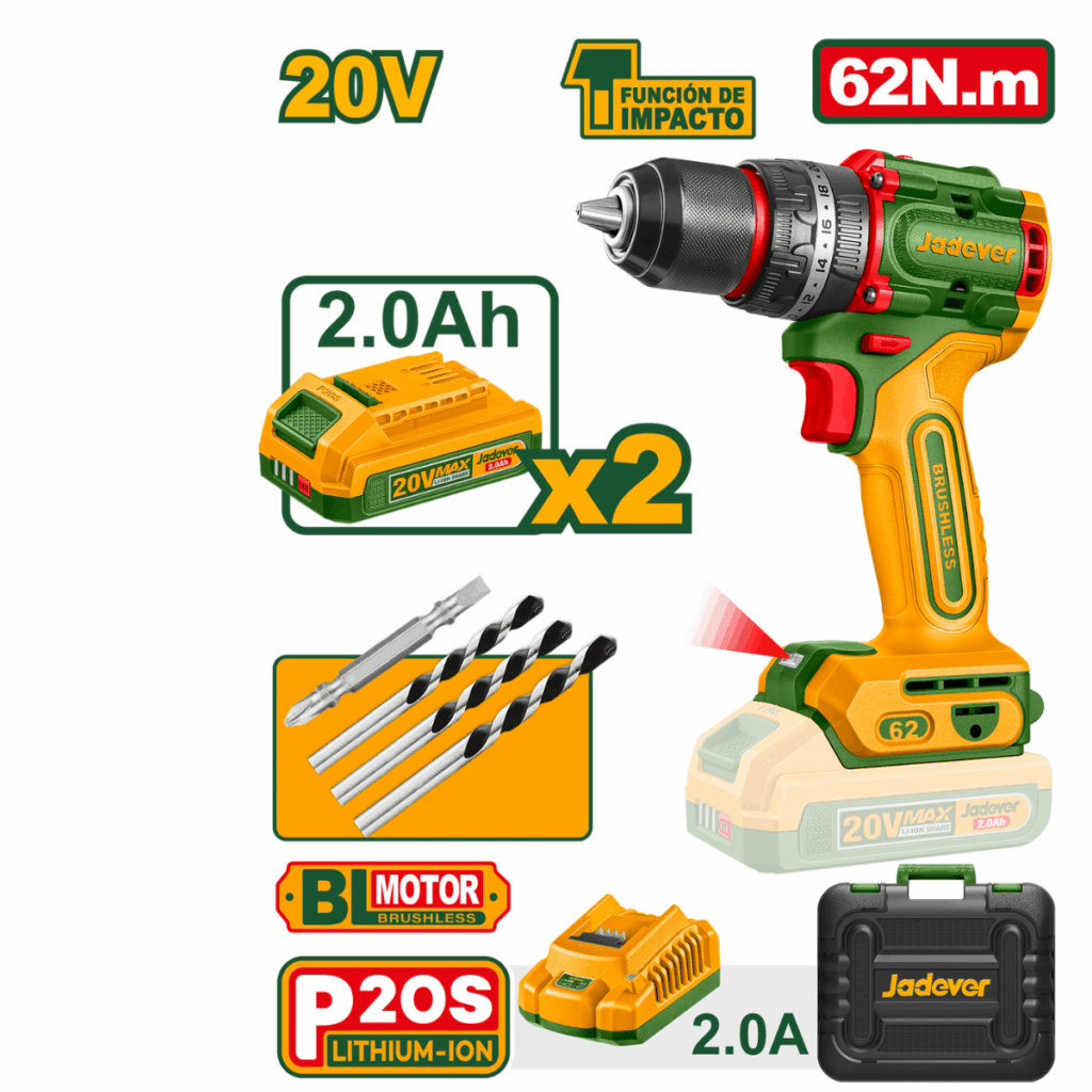 TALADRO COMPACTO 20V 62NM 13MM 22+1+1 2X2.0AH – JDCDP6281
