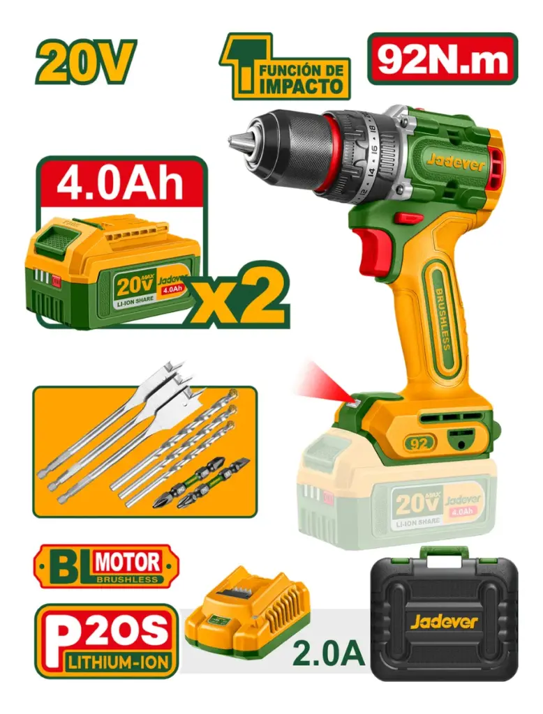 TALADRO COMPACTO 20V 92NM 13MM 22+1+1 2X4.0AH – JDCDP9281