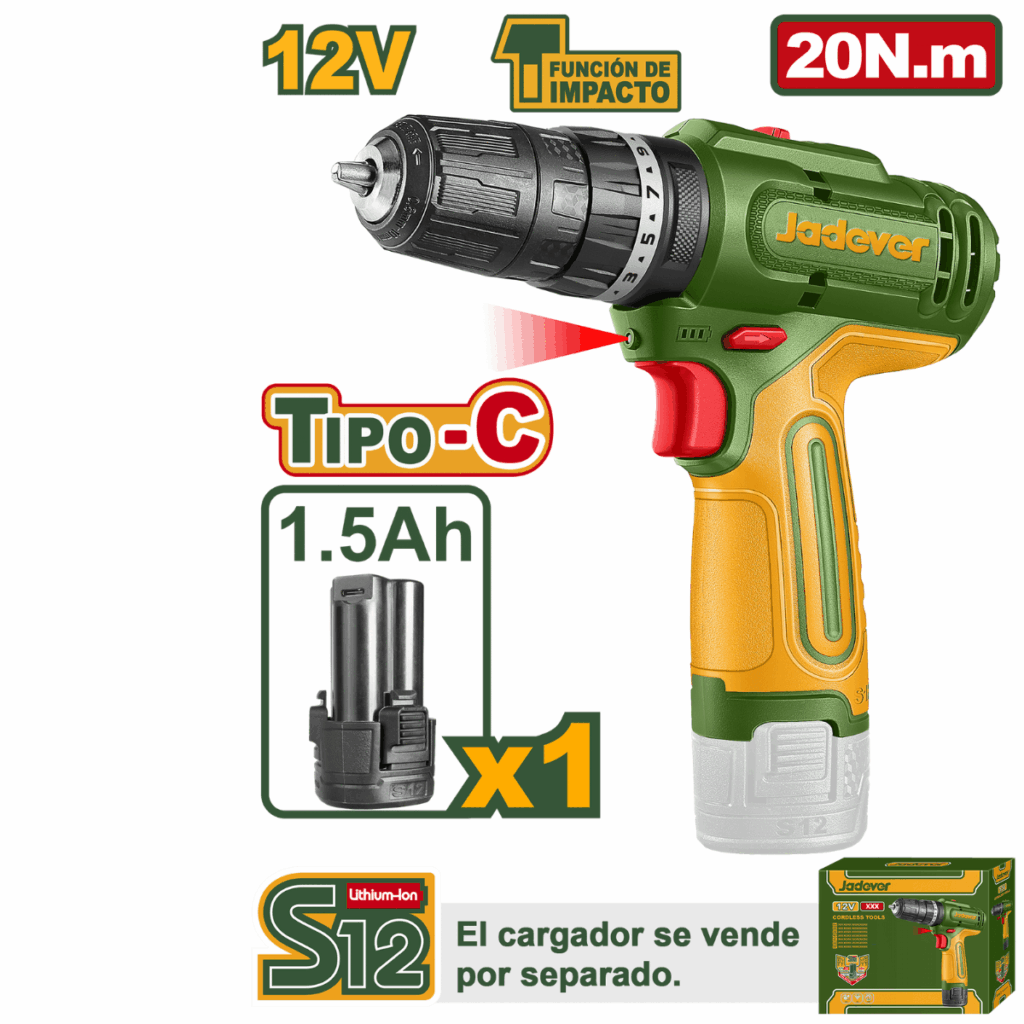 TALADRO 12V 20NM 0.8-10MM 0-1500RPM 1X1.5AH TIPO C – JDCDS5681