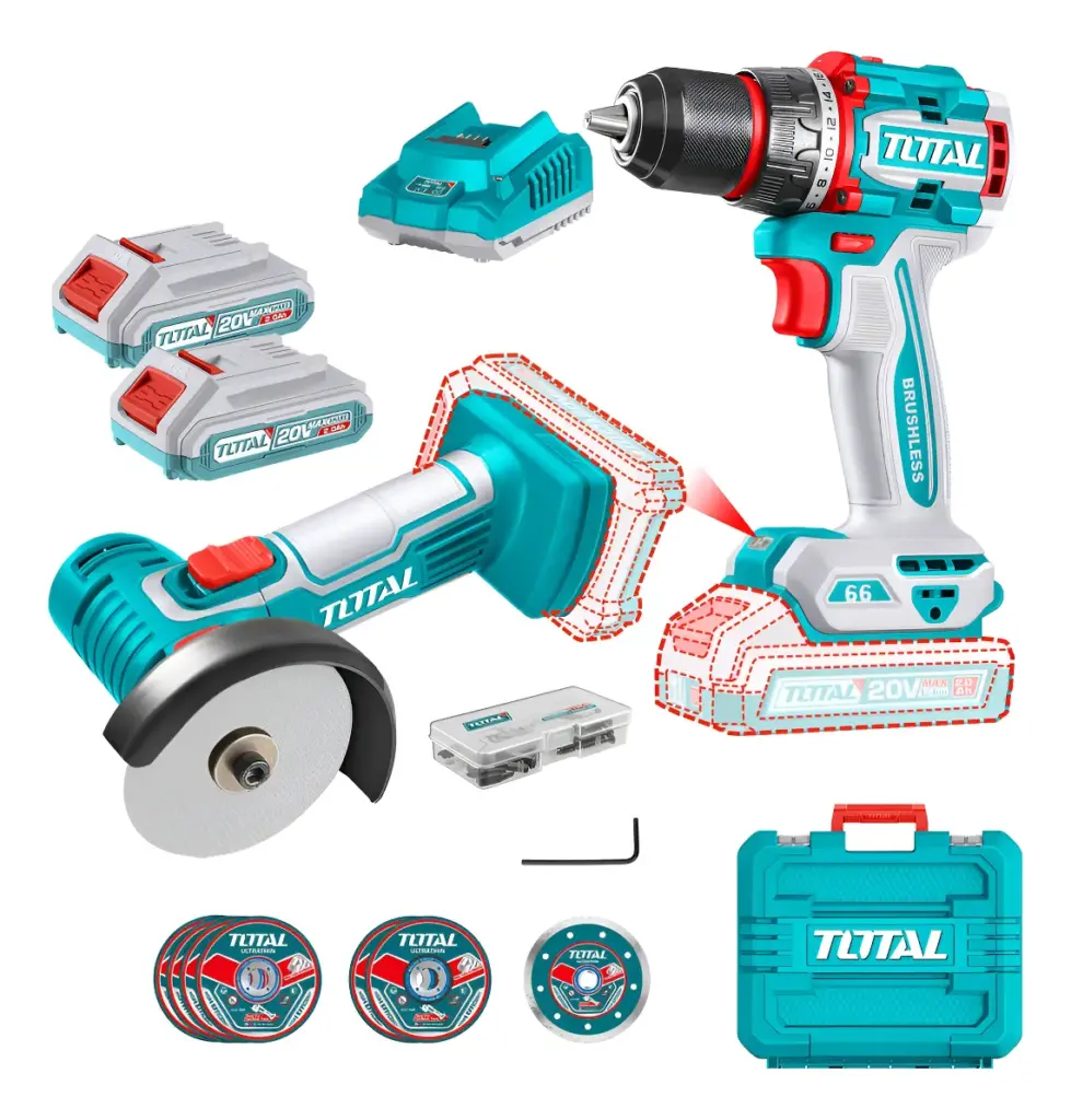 COMBO (2EN1) TALADRO 66NM + AMOLADORA 3» 20V 2X2.0AH + ACC + MALETIN – TCKLI20766