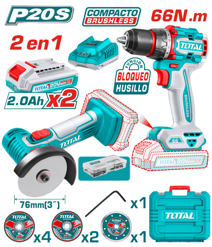COMBO (2EN1) TALADRO 66NM + AMOLADORA 3» 20V 2X2.0AH + ACC + MALETIN – TCKLI20766