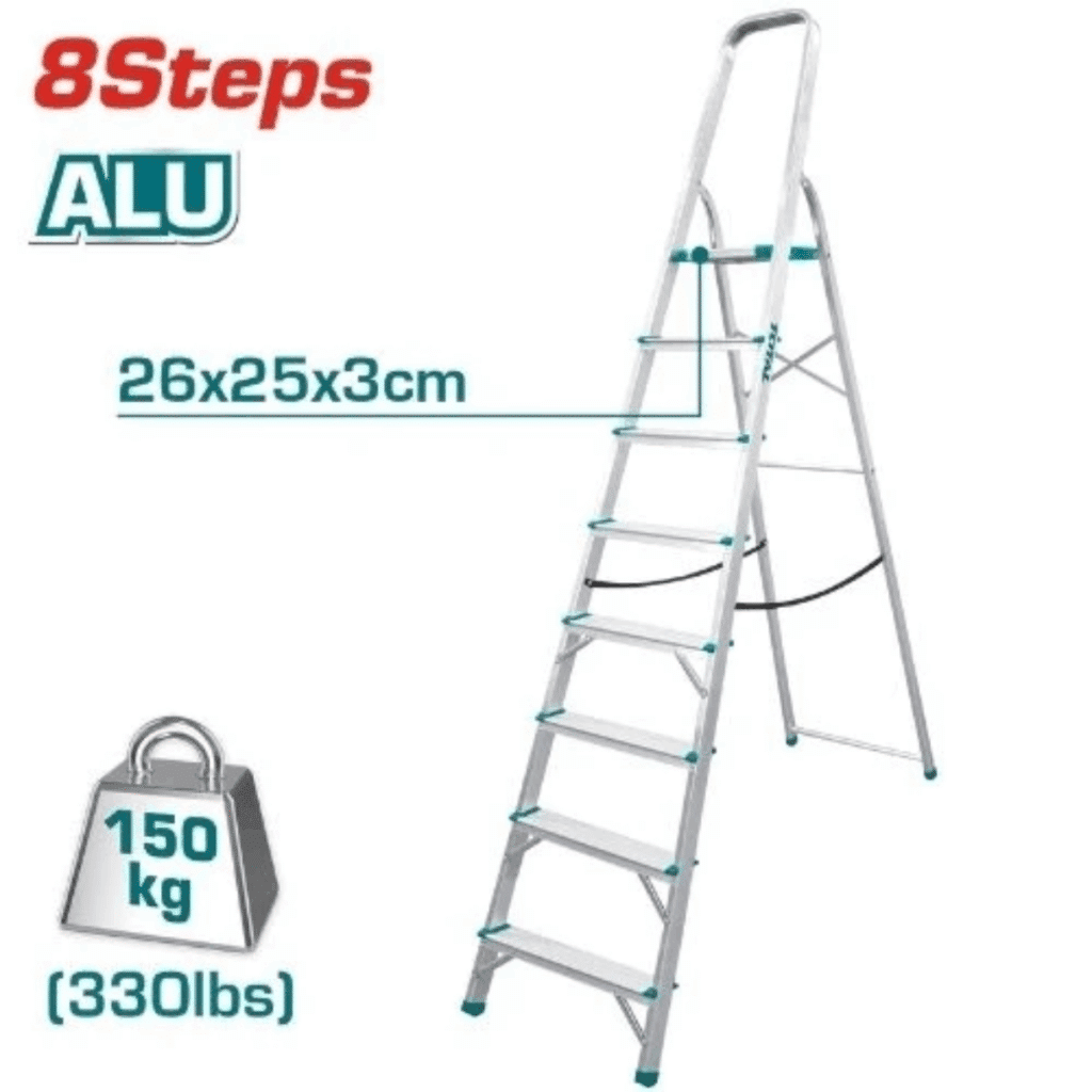 ESCALERA TIJERA ALU 8 PASOS 150KG PLAT.SUP: 26X25X3CM – THLAD06081