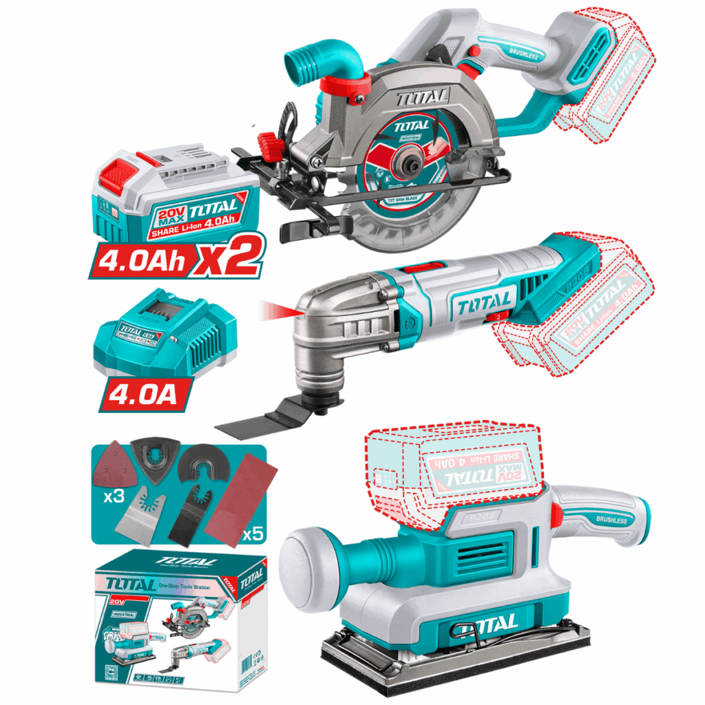 COMBO 3 EN 1 SIERRA + MULTIHERRAMIENTA + LIJADORA 20V 2X4.0AH + ACC – TOSLI250781