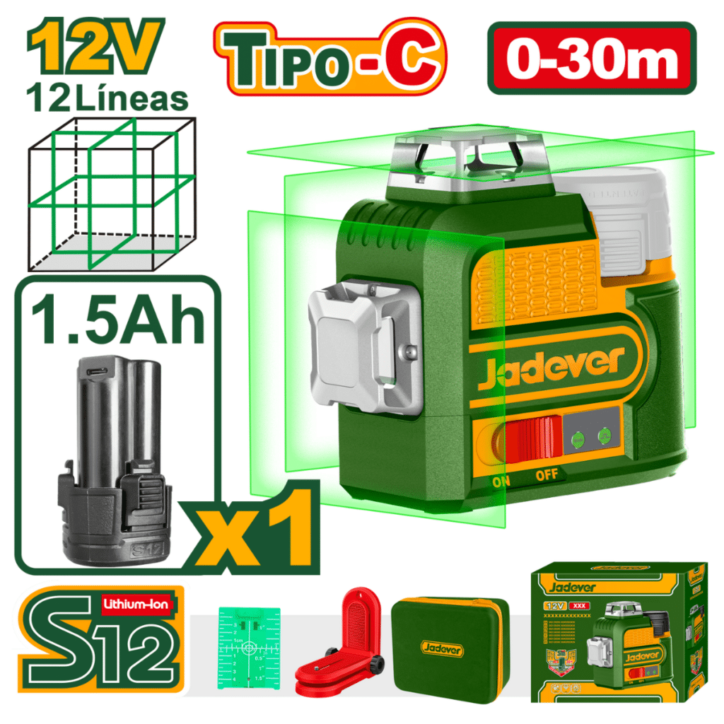 NIVEL LASER 3D 12V 12LINEAS 0-30M VERDE 1X1.5AH + ACC – JDLE8M12