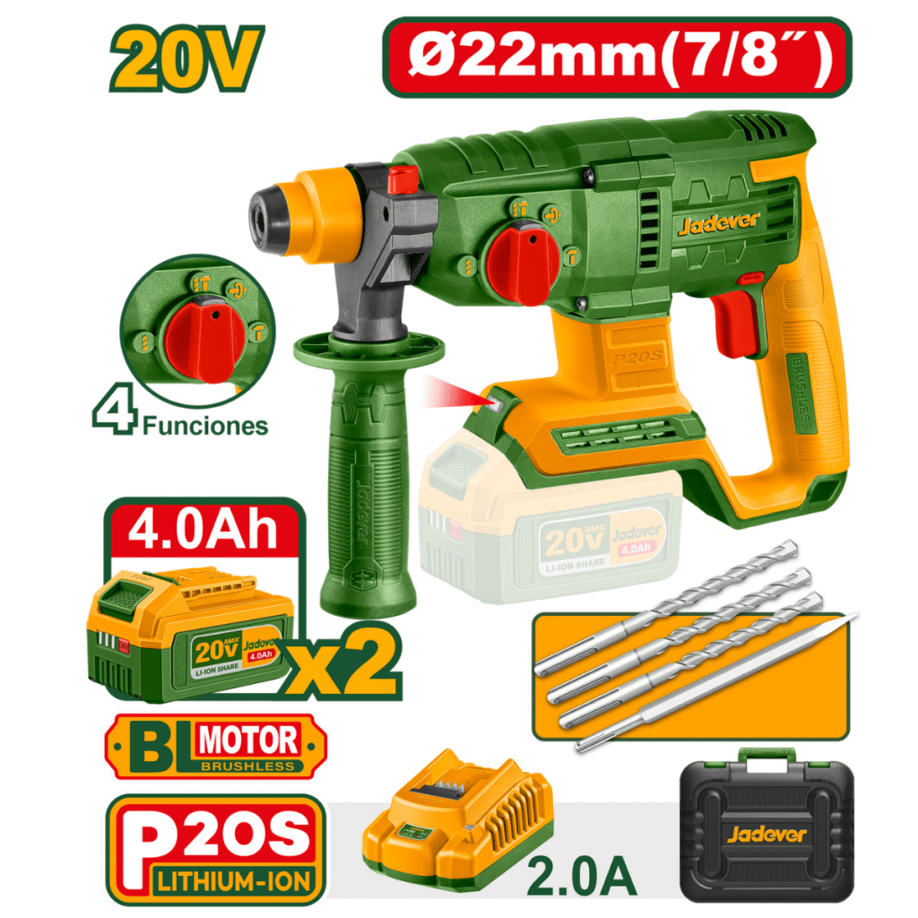 ROTOMARTILLO 20V BL 22MM 2.0J 0-5400BPM 2X4.0AH 4F +ACC MALETIN INDUST – JDLM15225